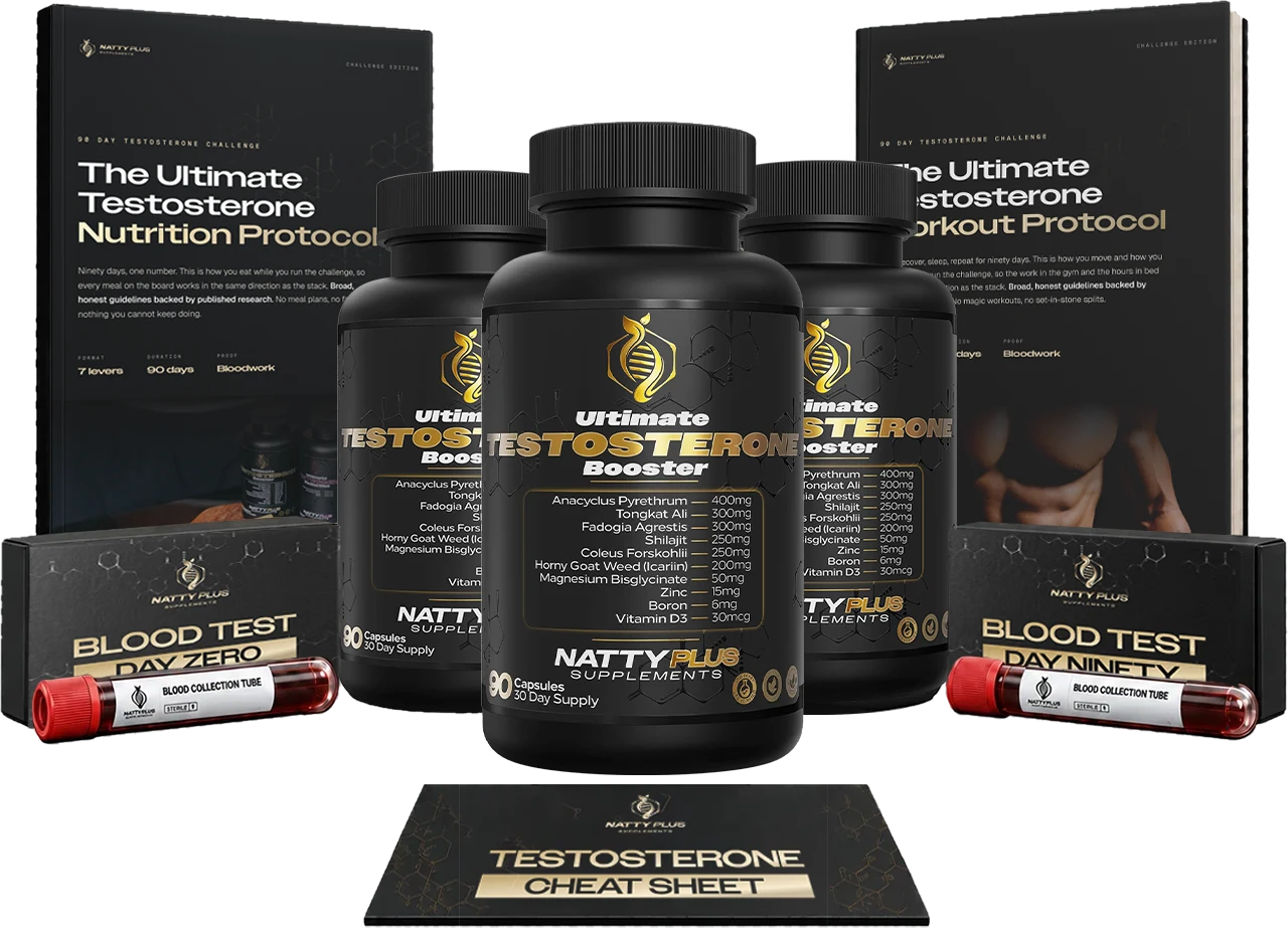 The Ultimate 90-Day Testosterone Challenge kit: three Ultimate Testosterone Booster bottles, Nutrition and Workout Protocols, two blood test kits and the Testosterone Cheat Sheet
