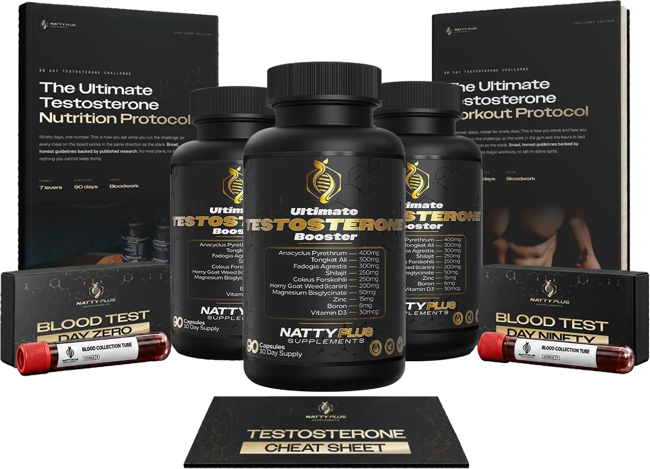The Ultimate 90-Day Testosterone Challenge kit: three bottles of Ultimate Testosterone Booster, Nutrition and Workout Protocols, Day 0 and Day 90 blood tests, and the Testosterone Cheat Sheet