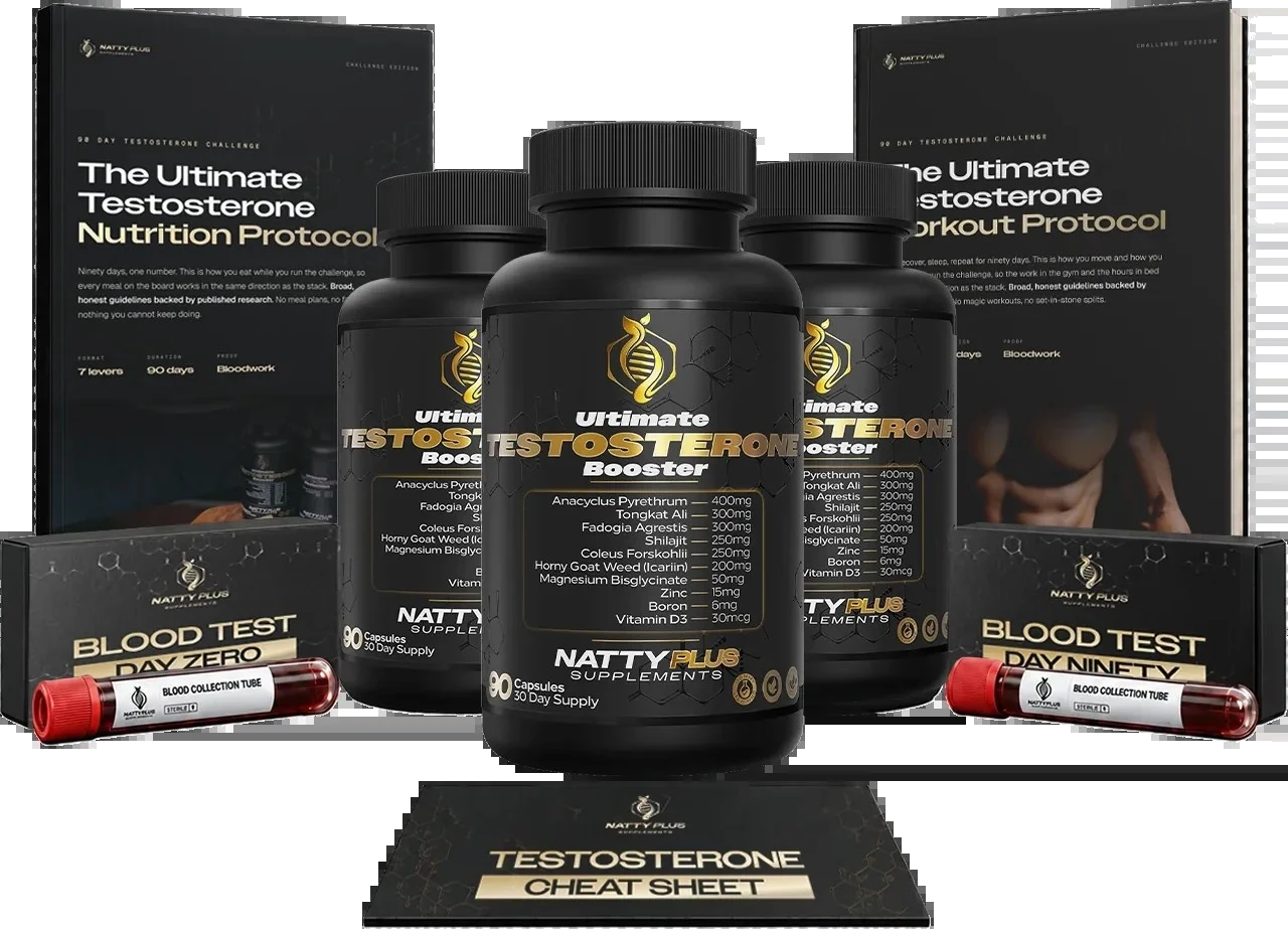 The Ultimate 90-Day Testosterone Challenge kit: three bottles of Ultimate Testosterone Booster, Nutrition and Workout Protocols, Day 0 and Day 90 blood tests, and the Testosterone Cheat Sheet