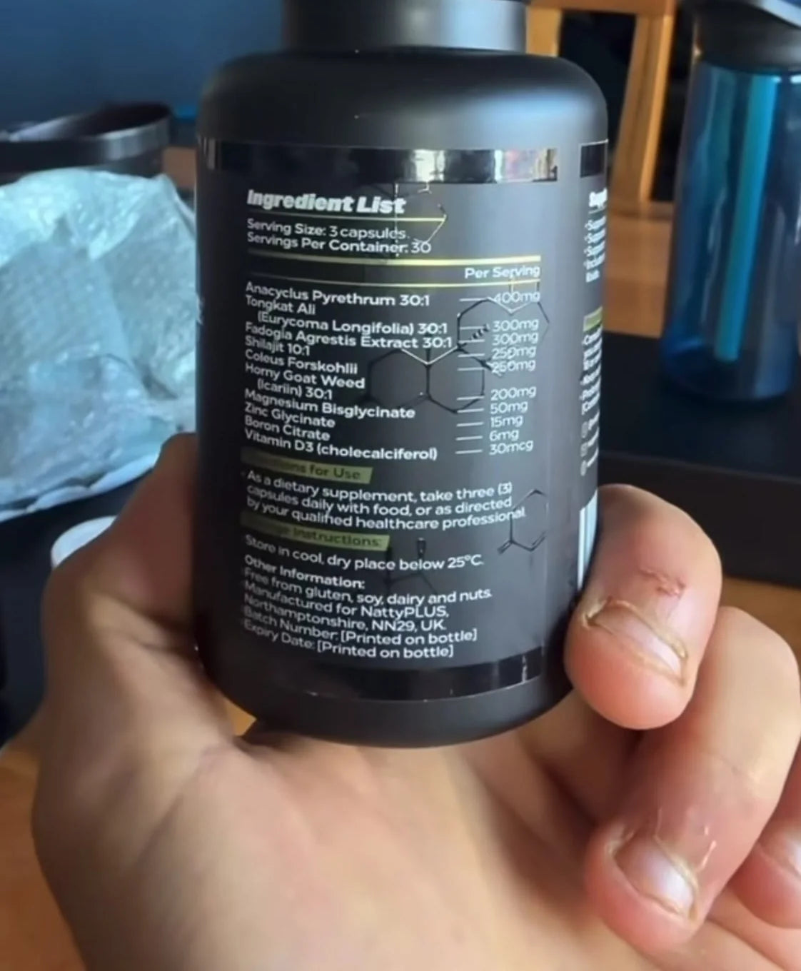 The ingredient list on the Ultimate Testosterone Booster bottle in Rambo&rsquo;s hand