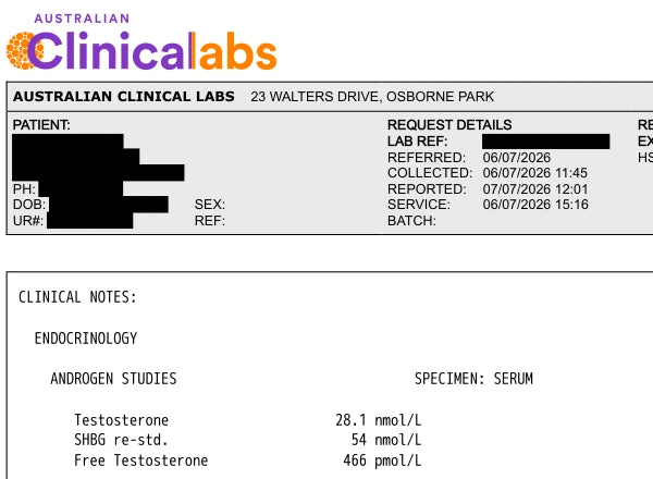 Rambo&rsquo;s Australian Clinical Labs report from 6 July 2026 showing total testosterone of 28.1 nmol/L